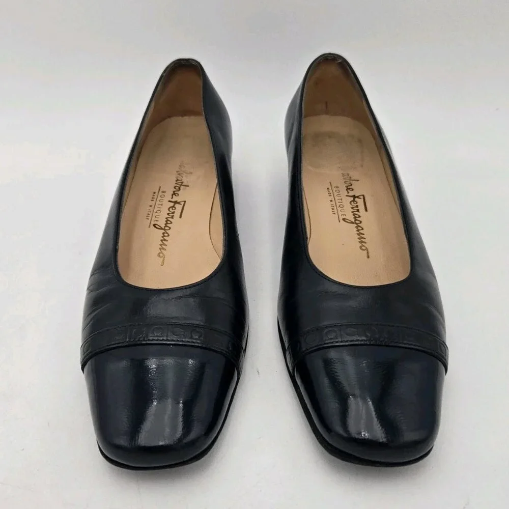 Vintage Salvatore Ferragamo Boutique Heels Womens 6.5 B Black Leather Shoes Logo